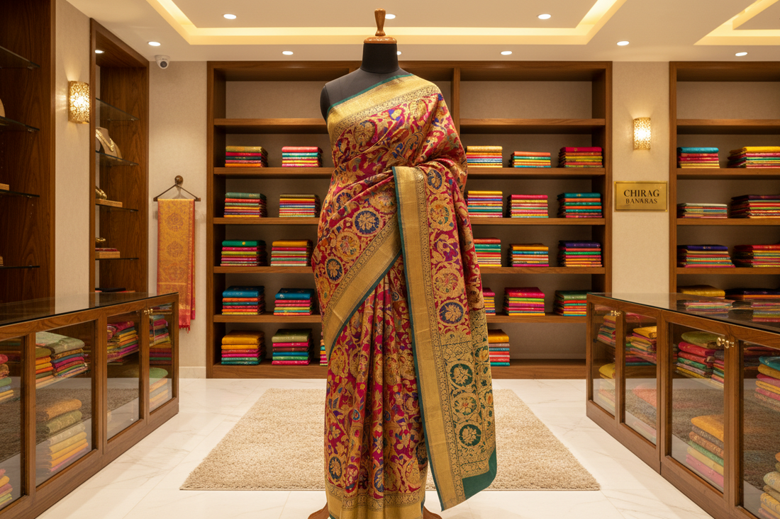Pure Katan Silk Saree at Chirag Banaras – A Perfect Blend of Luxury and Tradition