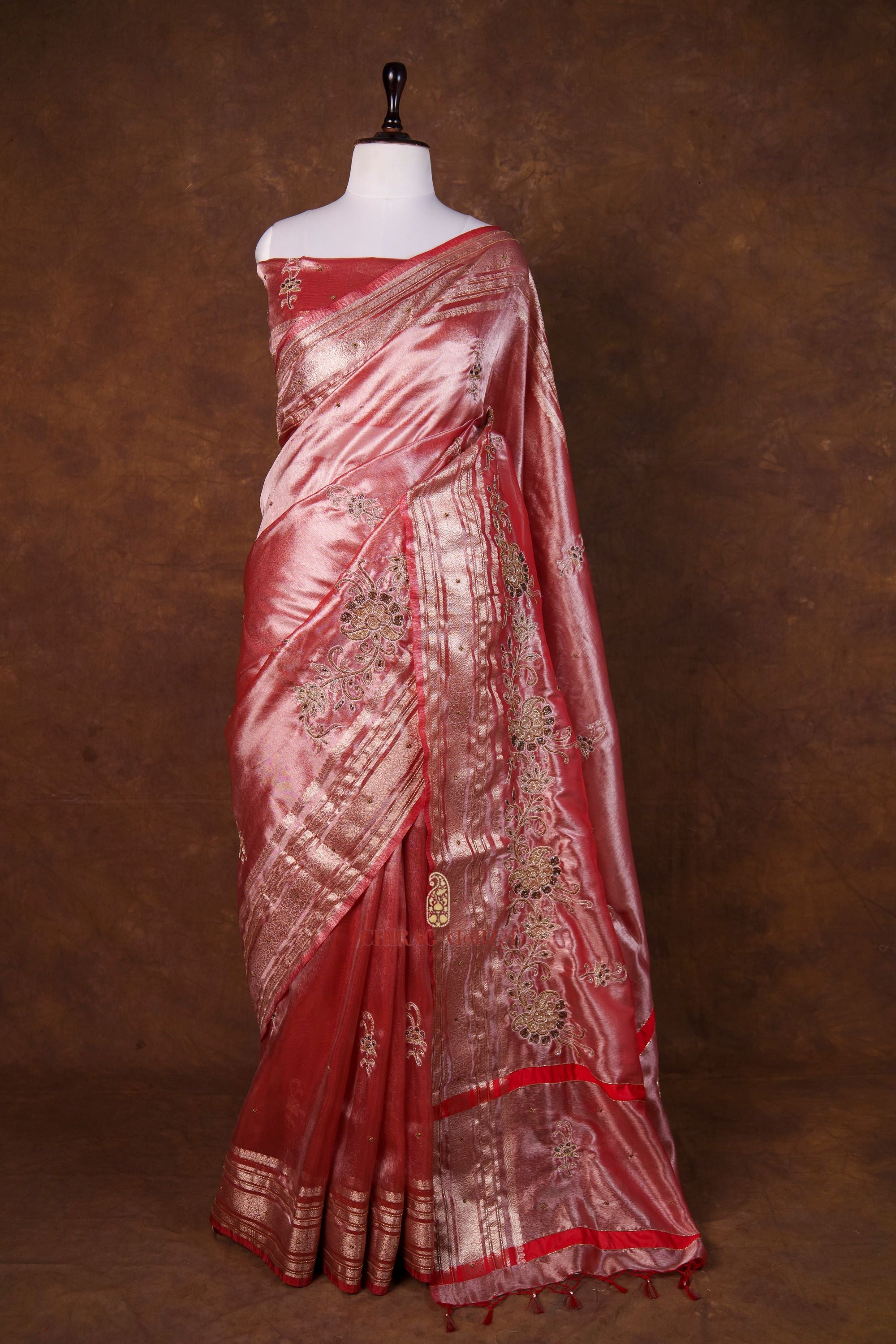 Tissue Hand Embroidery Work Saree