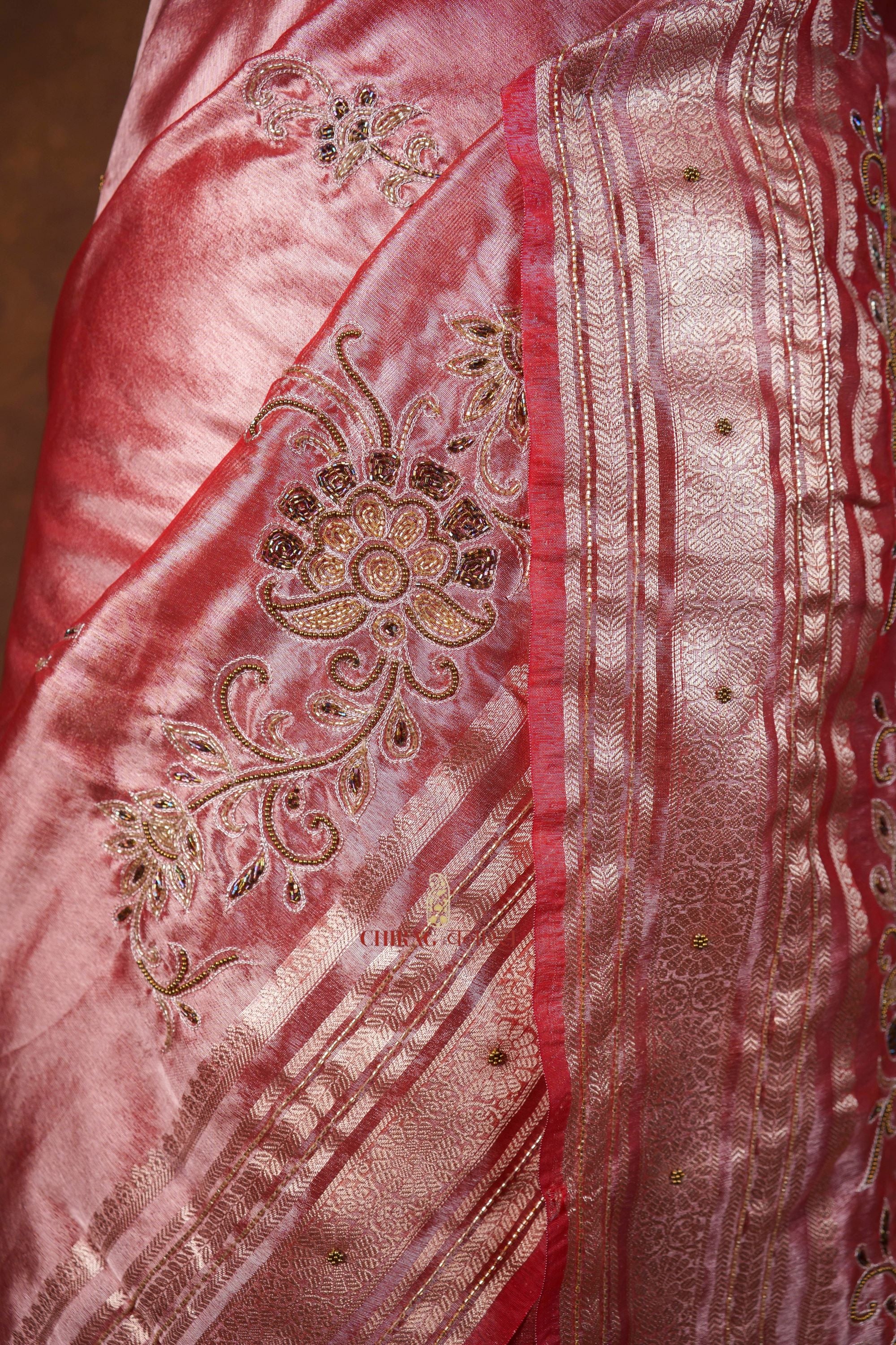 Tissue Hand Embroidery Work Saree