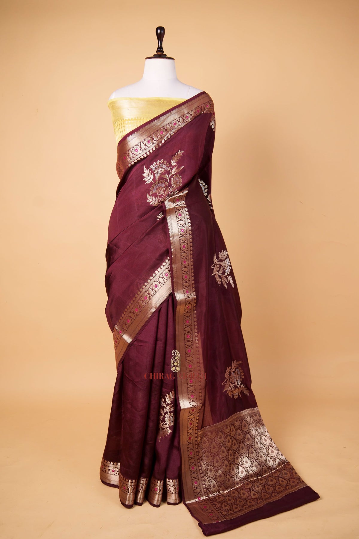 Pure Mango Silk Saree With Contrast Blouse