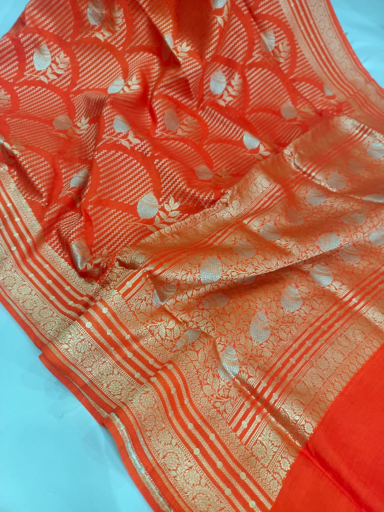 Pure Raw Silk Saree Handloom Orange Colour