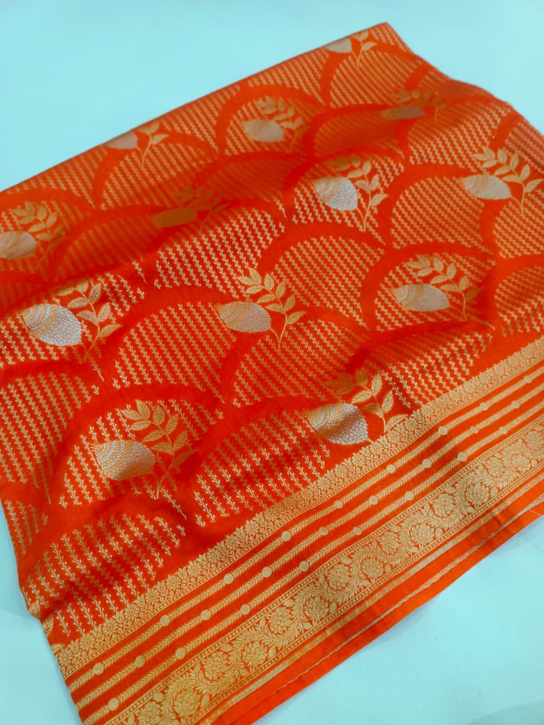 Pure Raw Silk Saree Handloom Orange Colour