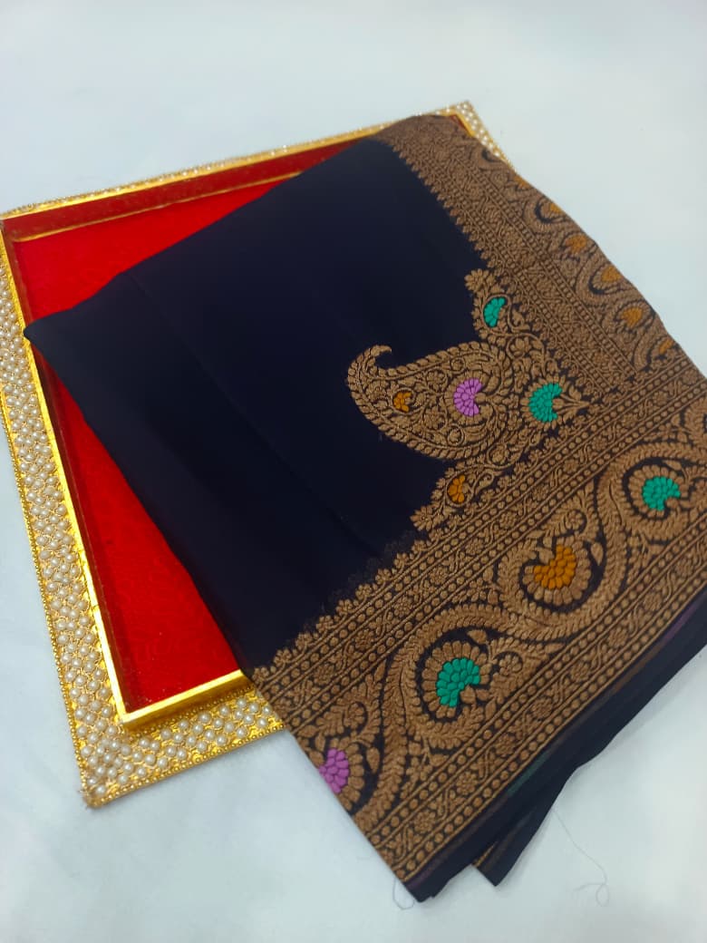 Pure Banarasi Khaddi Crape Silk Koniya Meenakari Handloom saree