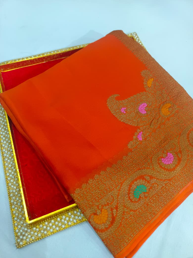 Pure Banarasi Khaddi Crape Silk Koniya Meenakari Handloom saree