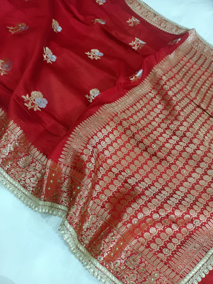 Pure Mango Silk Hand Embroidery Zardozi Work Saree