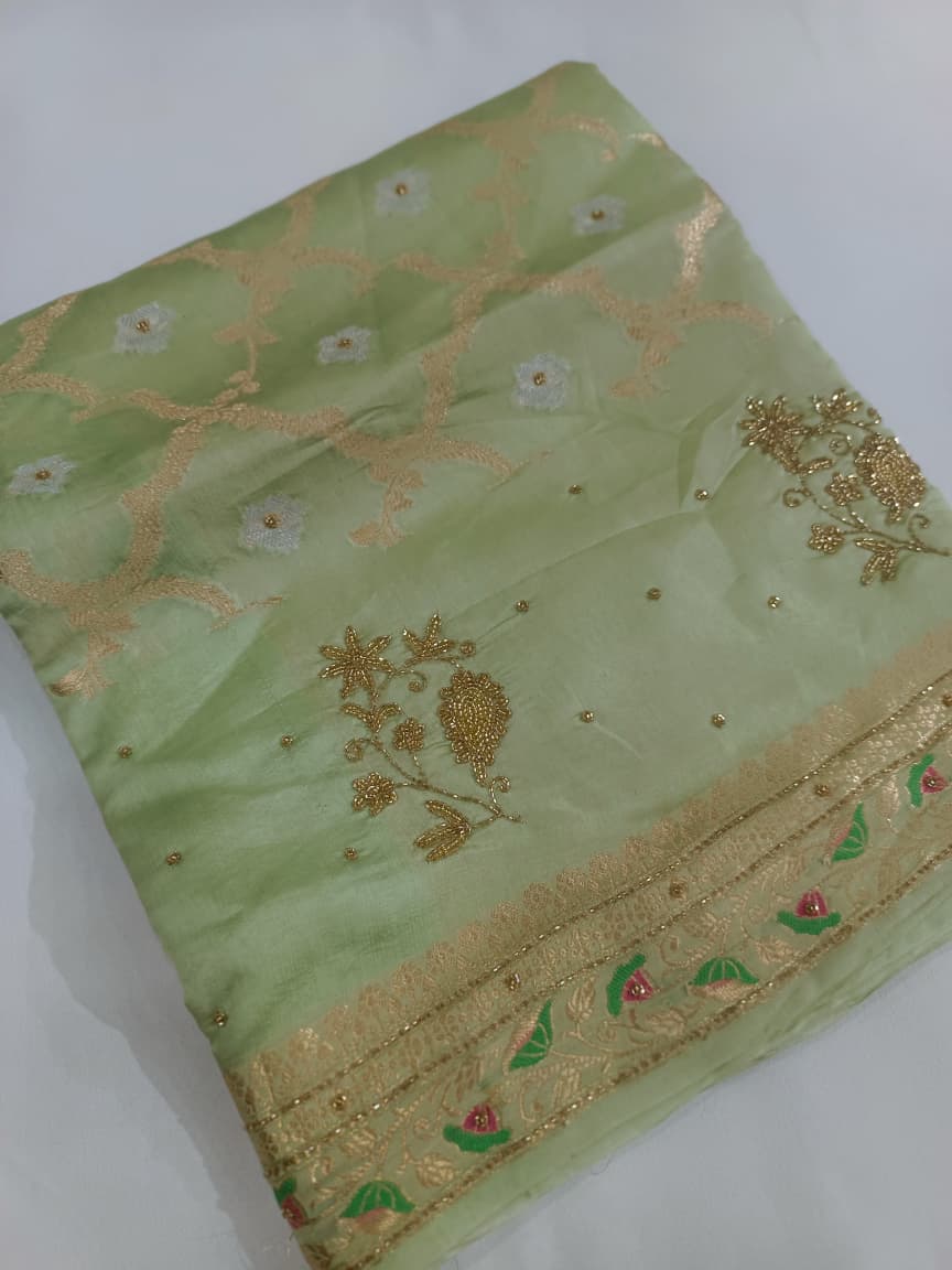 Pure Mango Silk Hand Embroidery Zardozi Work Saree