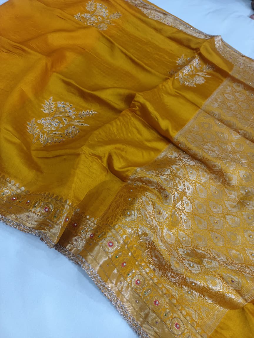 Pure Mango Silk Hand Embroidery Zardozi Work Saree