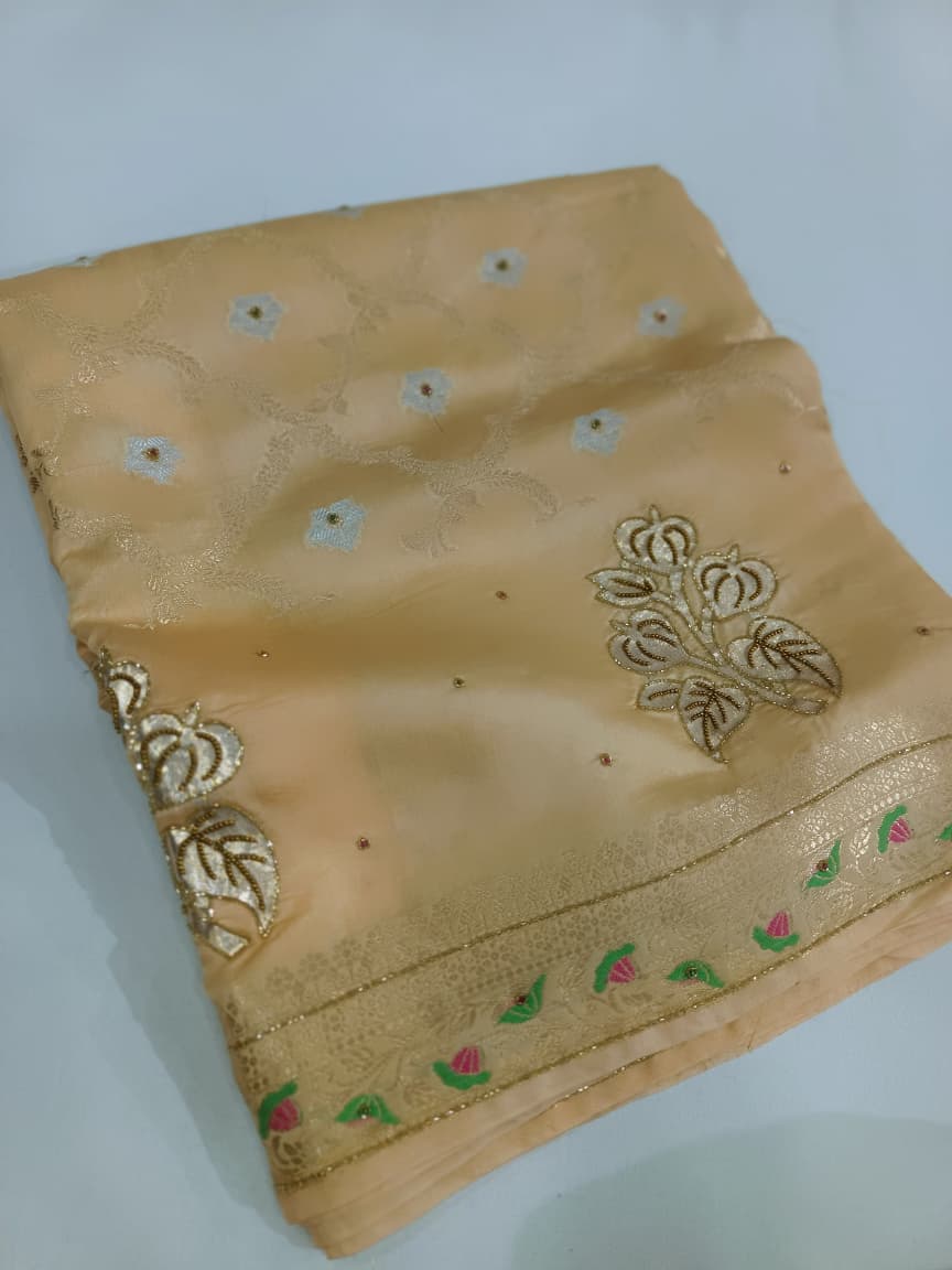 Pure Mango Silk Hand Embroidery Zardozi Work Saree