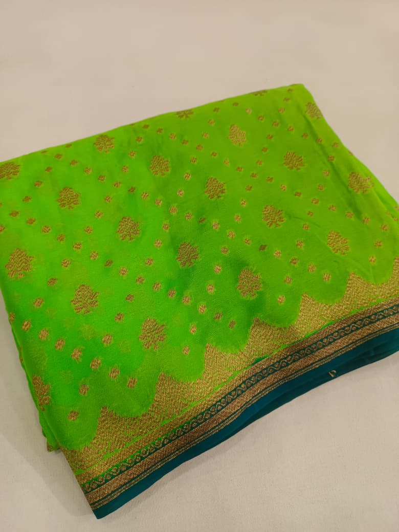Pure Banarasi Khaddi Crape Silk Handloom Contrast Kanni Border Saree