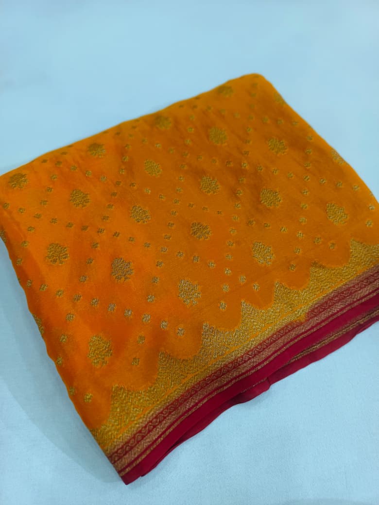 Pure Banarasi Khaddi Crape Silk Handloom Contrast Kanni Border Saree