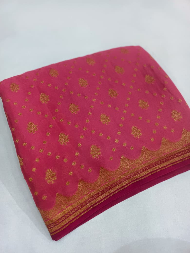 Pure Banarasi Khaddi Crape Silk Handloom Contrast Kanni Border Saree