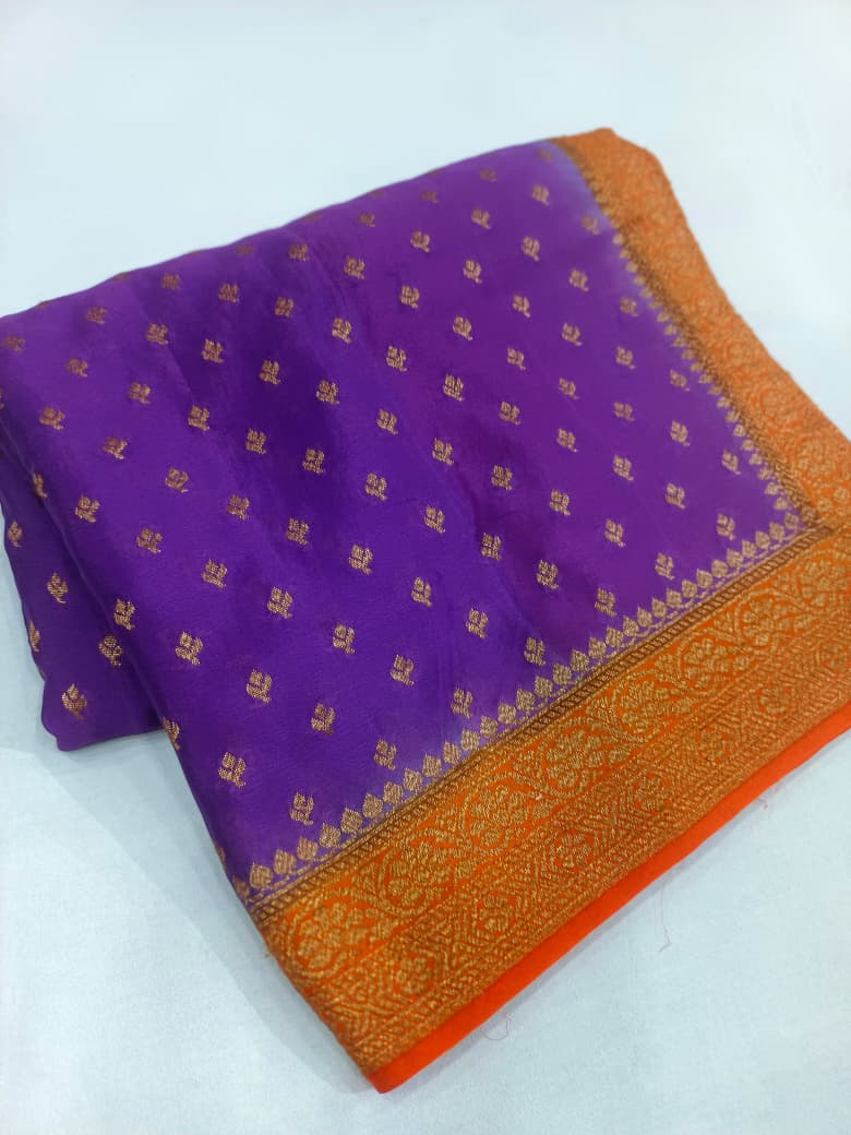 Pure Banarasi Khaddi Crape Silk Handloom Contrast Border Saree