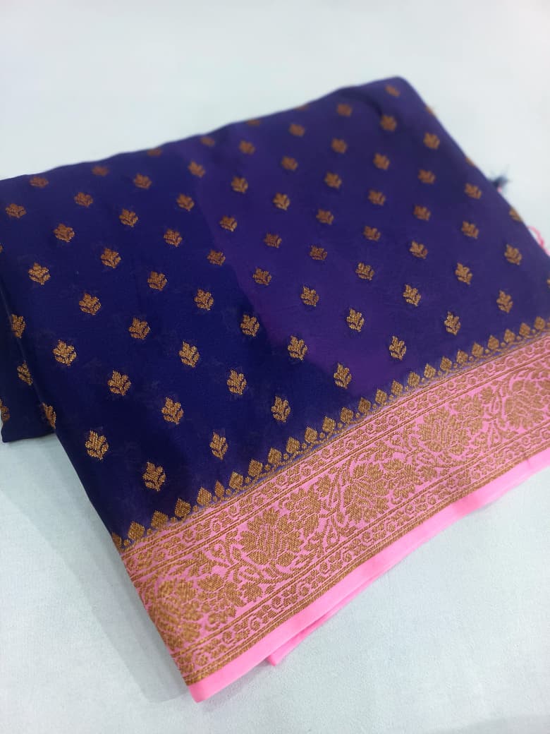 Pure Banarasi Khaddi Crape Silk Handloom Contrast Border Saree