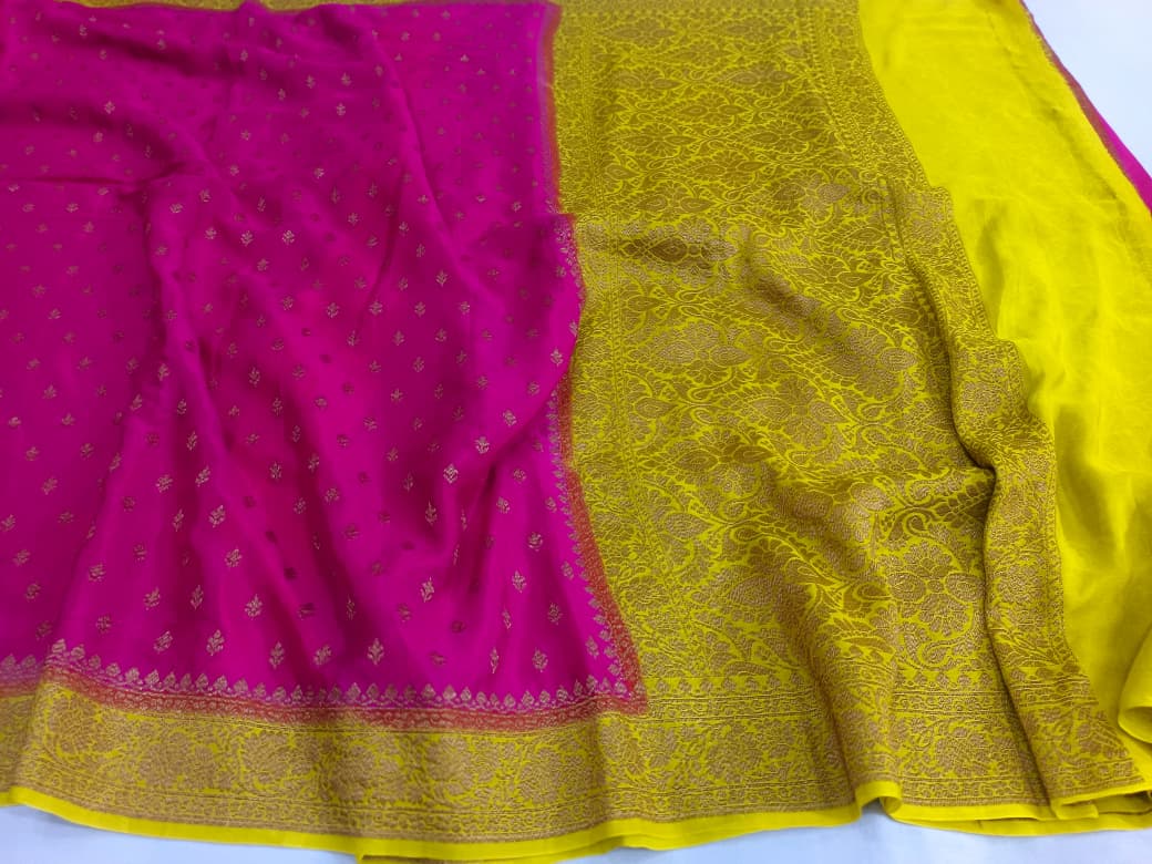 Pure Banarasi Khaddi Crape Silk Handloom Contrast Border Saree