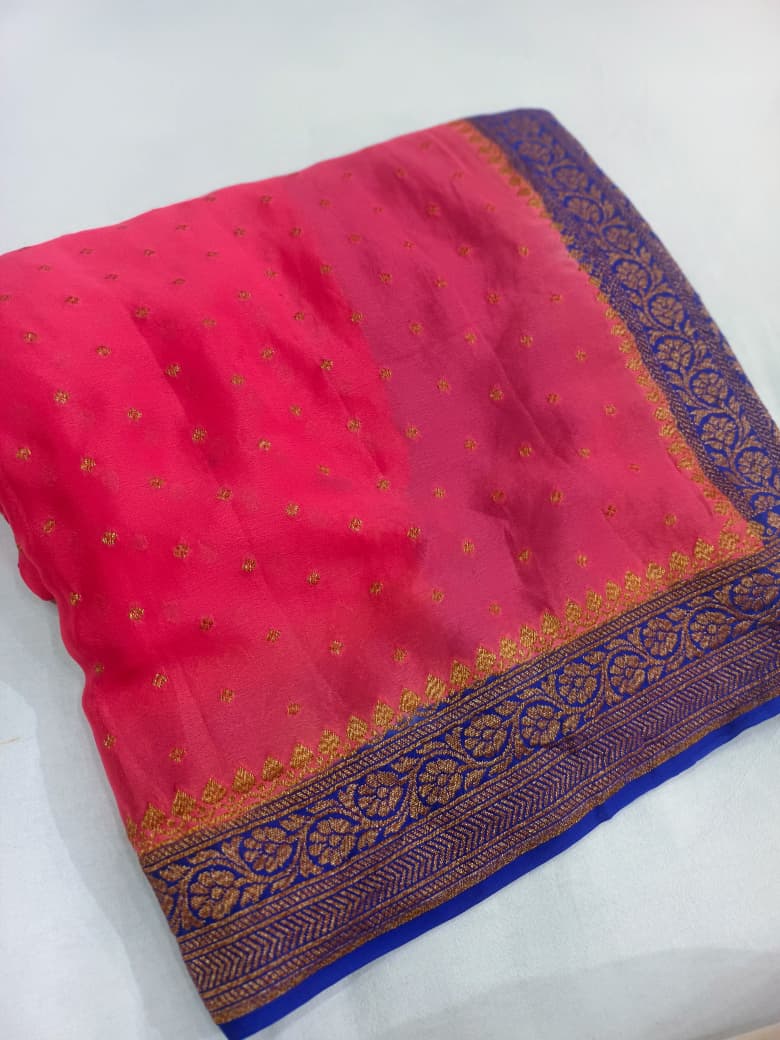 Pure Banarasi Khaddi Crape Silk Handloom Contrast Border Saree