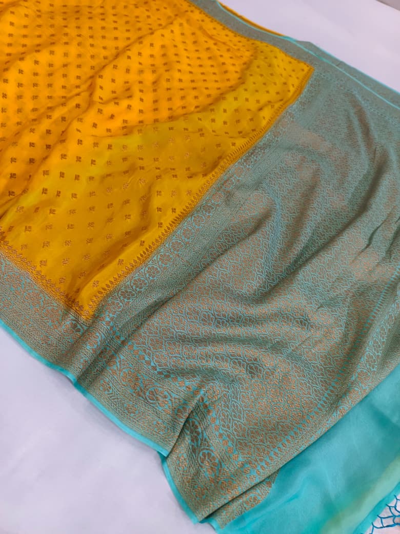 Pure Banarasi Khaddi Crape Silk Handloom Contrast Border Saree