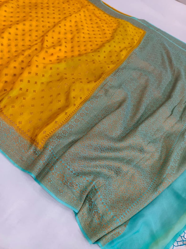 Pure Banarasi Khaddi Crape Silk Handloom Contrast Border Saree