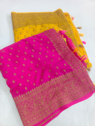 Pure Banarasi Khaddi Crape Silk Handloom 2D Die Saree