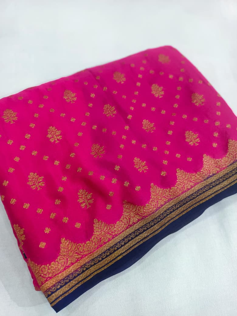 Pure Banarasi Khaddi Crape Silk Handloom Contrast Kanni Border Saree