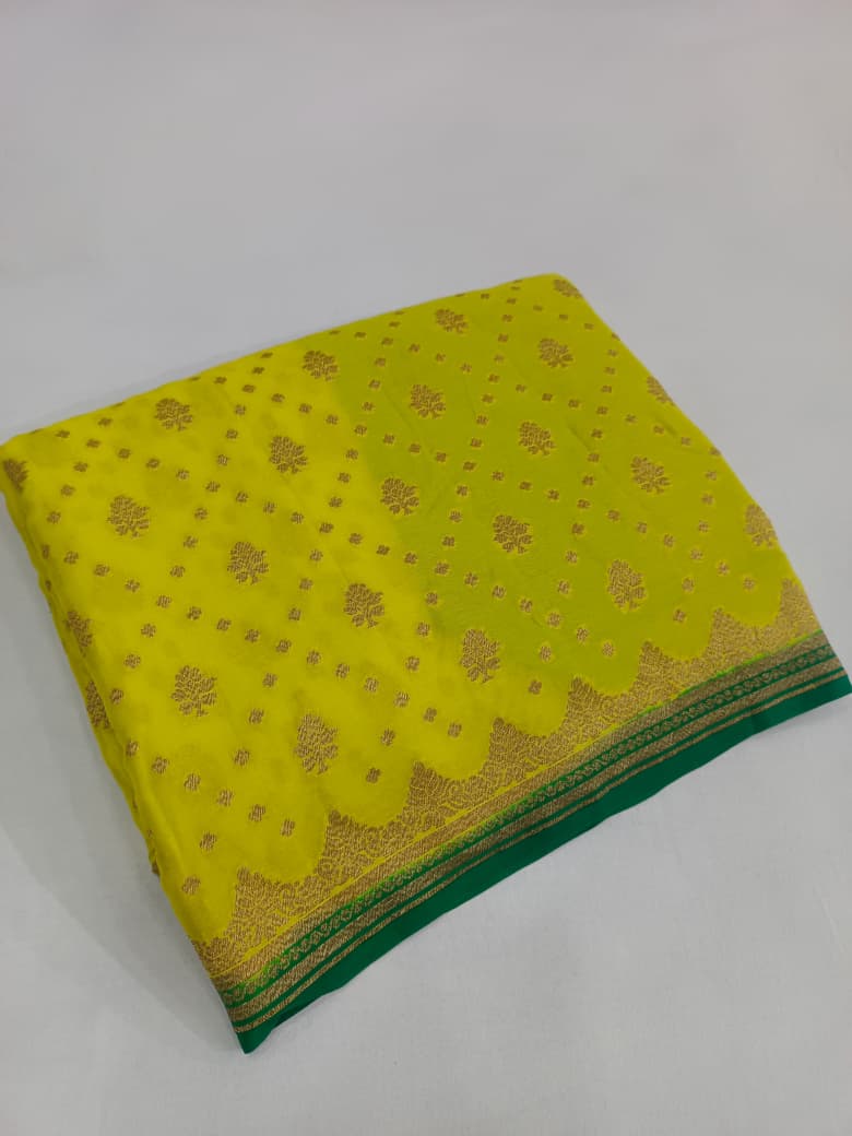 Pure Banarasi Khaddi Crape Silk Handloom Contrast Kanni Border Saree