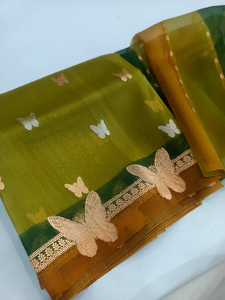Pure Banarasi Kora Kadhua Silk Handloom Butterfly Motif 2D Saree
