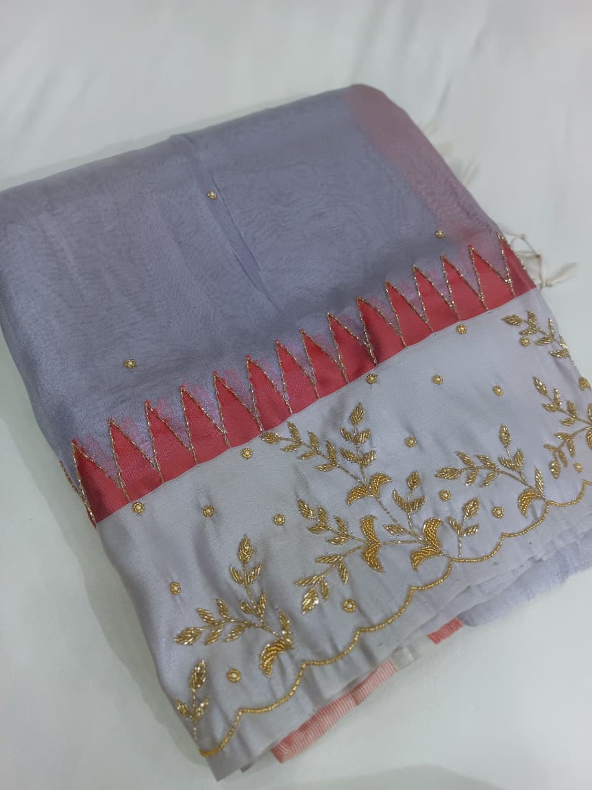 Pure Tissue Handwork Embroidery Zardozi Katdana Fancy Saree