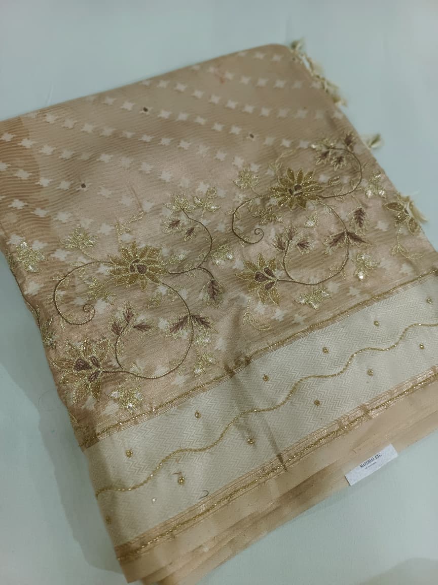 Pure Tissue Handwork Embroidery Zardozi Katdana Fancy Saree