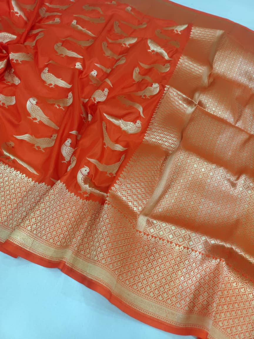 Pure Katan Silk Handloom Orange Celebrity Inspired Saree With meenakari Motif