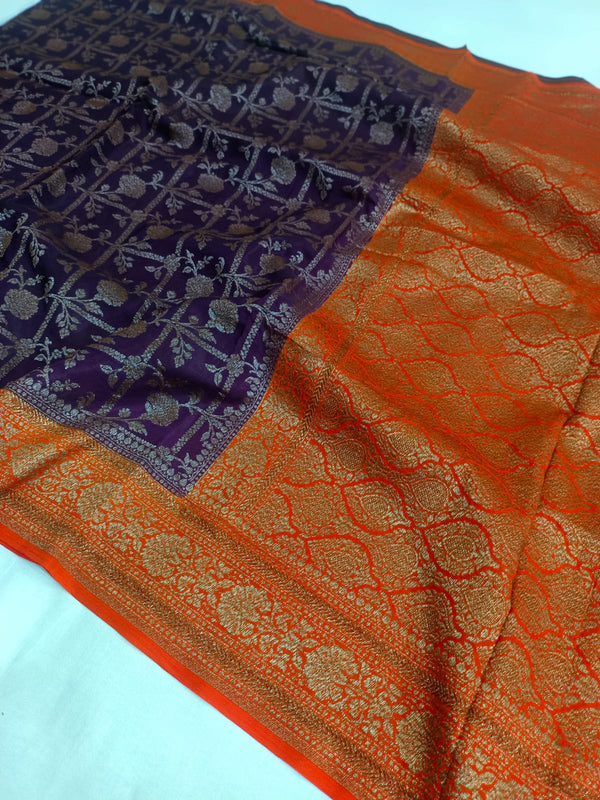 Pure Banarasi Khaddi Crape Silk Handloom Contrast Border Saree