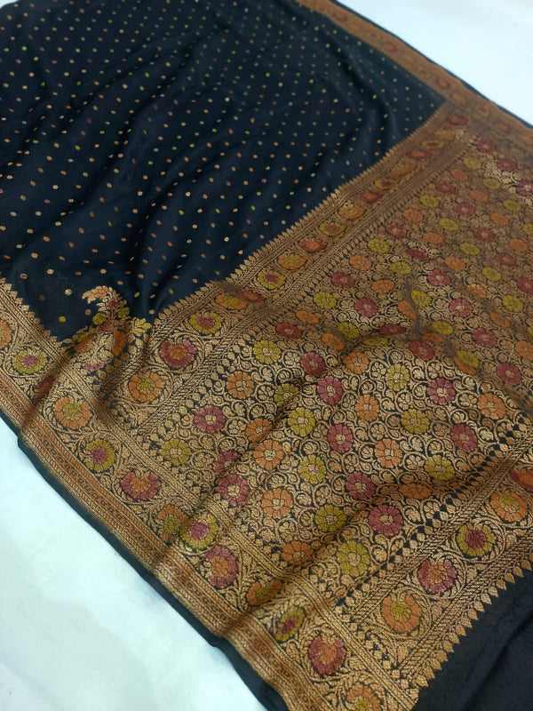 Pure Banarasi Khaddi Crape Silk Handloom Saree with brush paint
