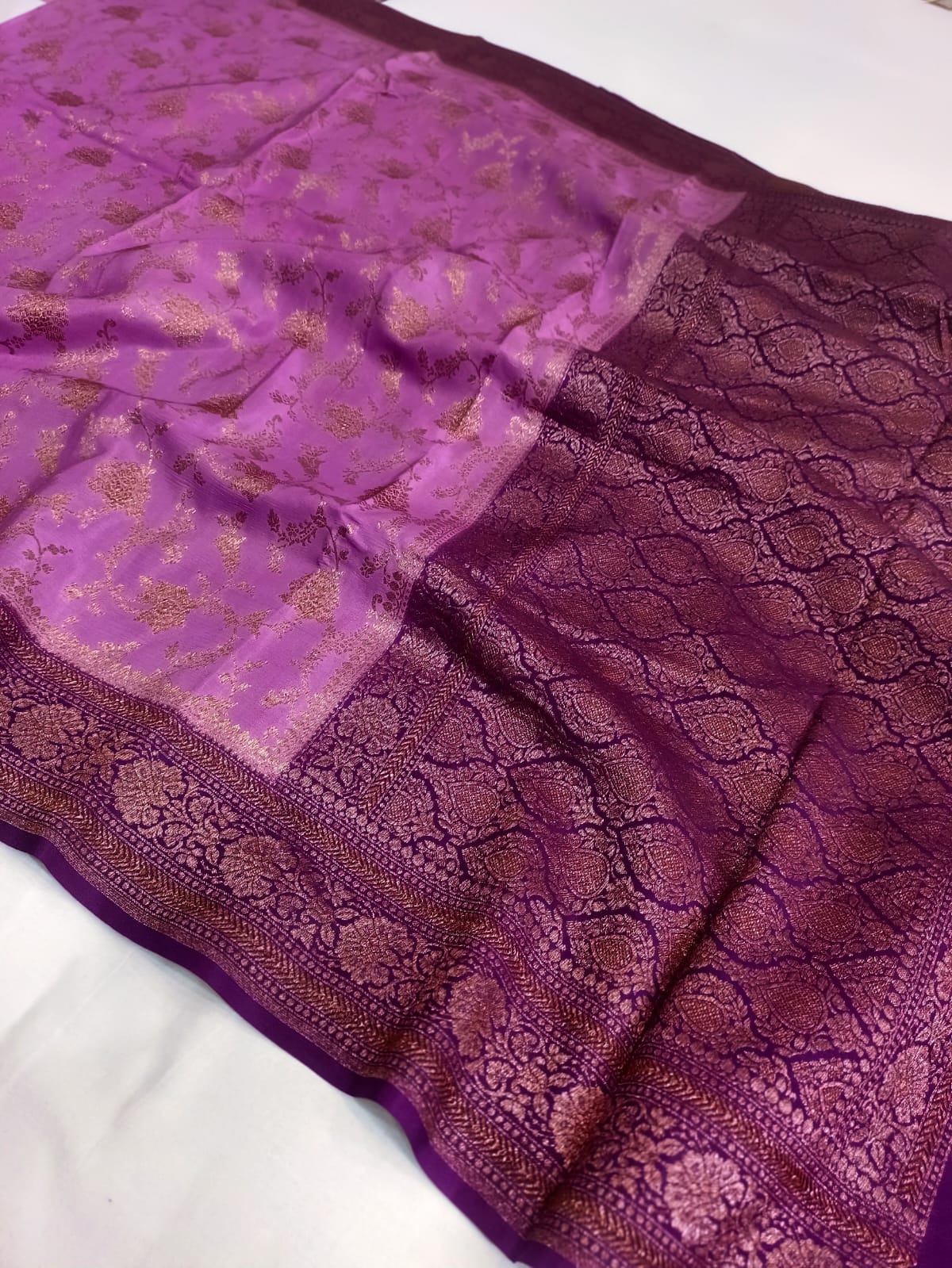 Pure Banarasi Khaddi Crape Silk Handloom Contrast Border Saree