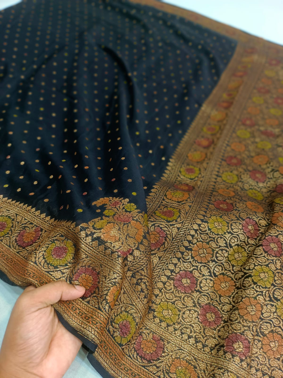 Pure Banarasi Khaddi Crape Silk Handloom Saree with brush paint