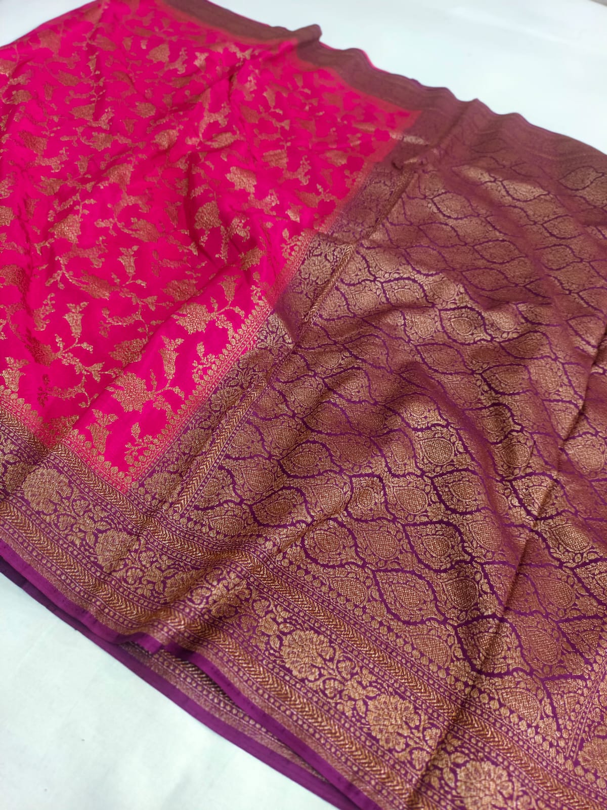 Pure Banarasi Khaddi Crape Silk Handloom Contrast Border Saree