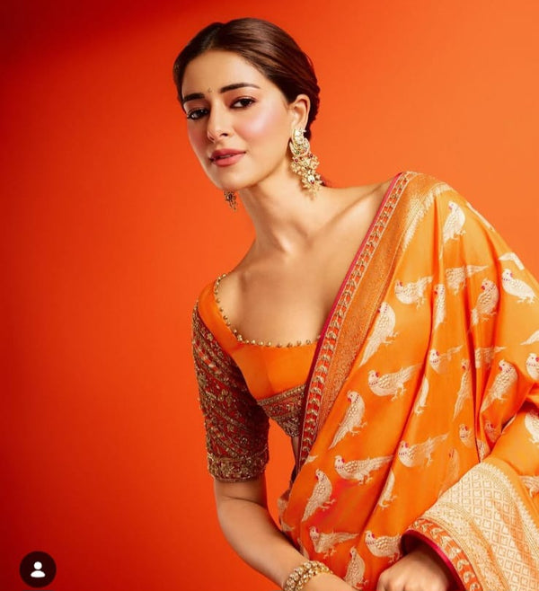 Pure Katan Silk Handloom Orange Celebrity Inspired Saree With meenakari Motif